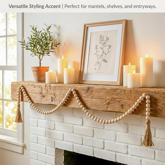 Wood Bead Garland with Tassels - 2PCS Farmhouse Rustic Country Decorative Beads - Picture 6 of 7